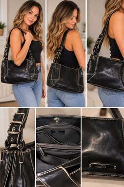 Nine & Co. Black Faux Leather Y2K Shoulder Bag with Contrast Stitching